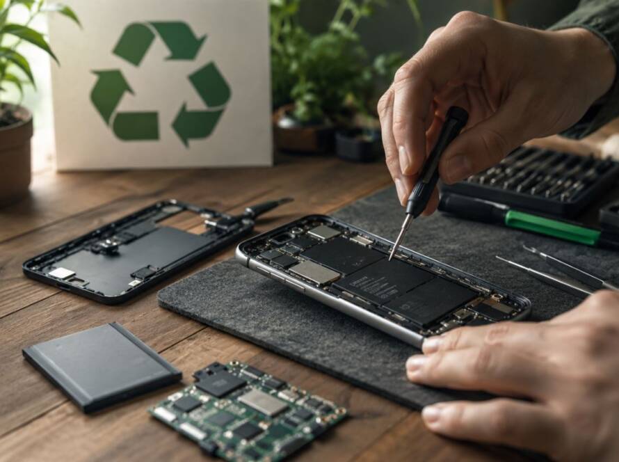 Technik naprawiający smartfon przy użyciu narzędzi serwisowych, symbol prawa do naprawy i gospodarki obiegu zamkniętego.