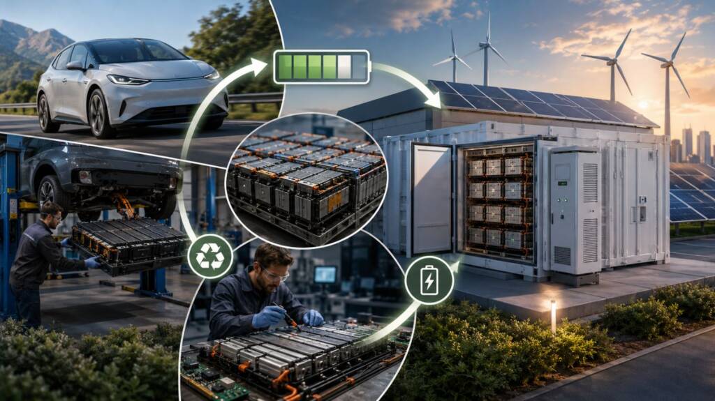 Zużyta bateria z samochodu elektrycznego przechodzi proces ponownego wykorzystania. Grafika przedstawia elektryczne auto, demontaż akumulatora, testowanie modułów oraz stacjonarny magazyn energii współpracujący z panelami słonecznymi i turbinami wiatrowymi. Całość symbolizuje gospodarkę obiegu zamkniętego oraz drugie życie baterii wspierających odnawialne źródła energii.